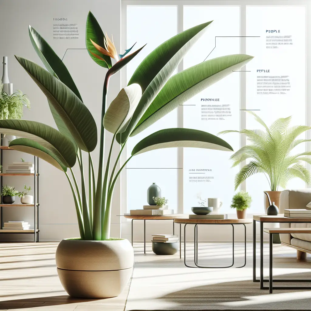 An indoor setting showcasing a Bird of Paradise plant growing in a ceramic pot. The environment is bright with sunlight filtering through a large window. The plant, characterized by its large, glossy green leaves which are shaped like a bird's crest, thrives in the room. No people, text, or logos are included. Various home decor elements, such as a bookshelf and a coffee table, provide context to the indoor setting. All details are represented visually without requiring textual explanation within the image.
