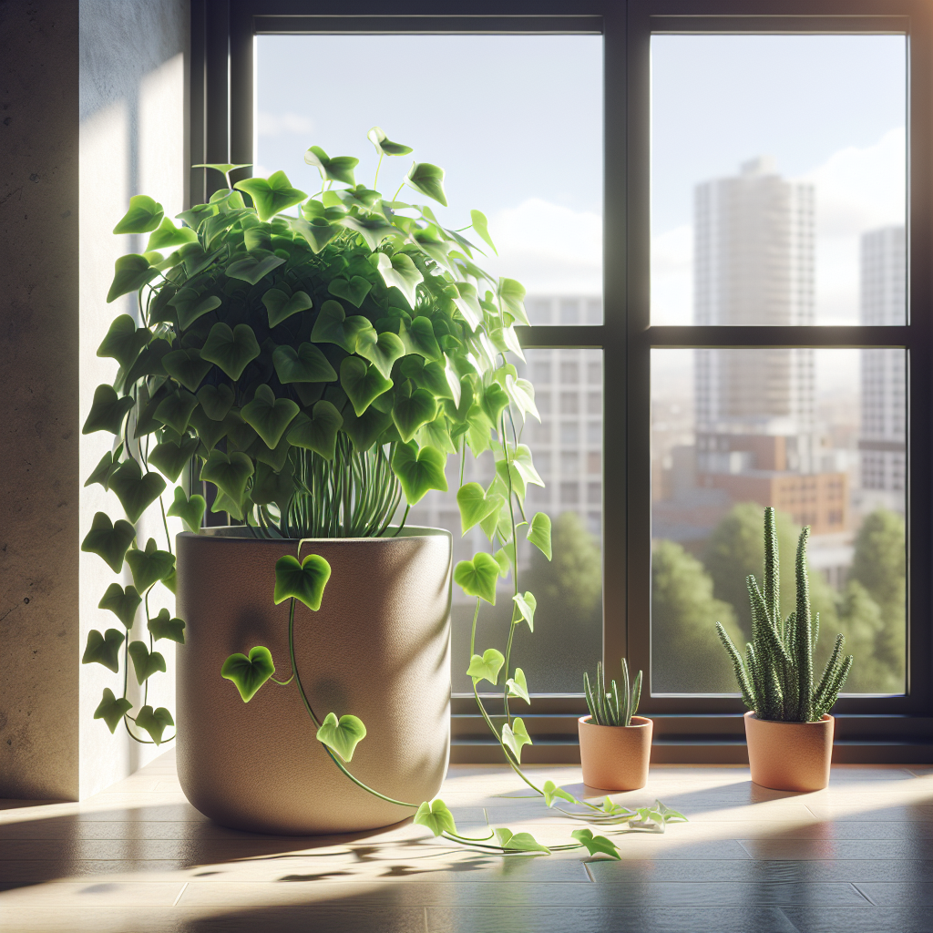 Create an image illustrating the cultivation of a Devil's Ivy plant indoors. The scene is composed of a healthy, vibrant Devil's Ivy plant with its trailing leaves cascading down the side of a non-labeled ceramic pot, placed at a sunny spot near a window. No human individuals or any text should be present within the image. Also, steer clear from any explicit brand logos or names. The window provides a view of an urban cityscape outside, signifying the indoor environment. The ambiance of the room is serene and soothing, with soft, warm lighting.