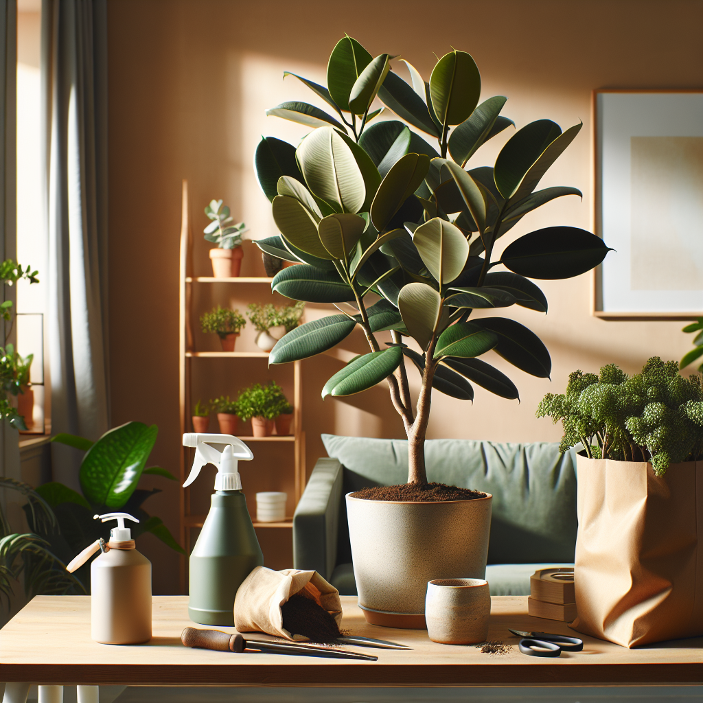An indoor gardening scene showcasing the care process of a thriving rubber plant. The plant is luscious and healthy, nestled in a neutral-colored pot and stands tall on a wooden table. Nearby items include a water spray bottle for misting leaves, a pair of basic gardening shears for trimming, and a small bag of rich, organic potting soil. A daylight-filled room with minimalist decor forms the warm background, highlighting the focal point of the verdant rubber plant, demonstrating optimal indoor plant care.