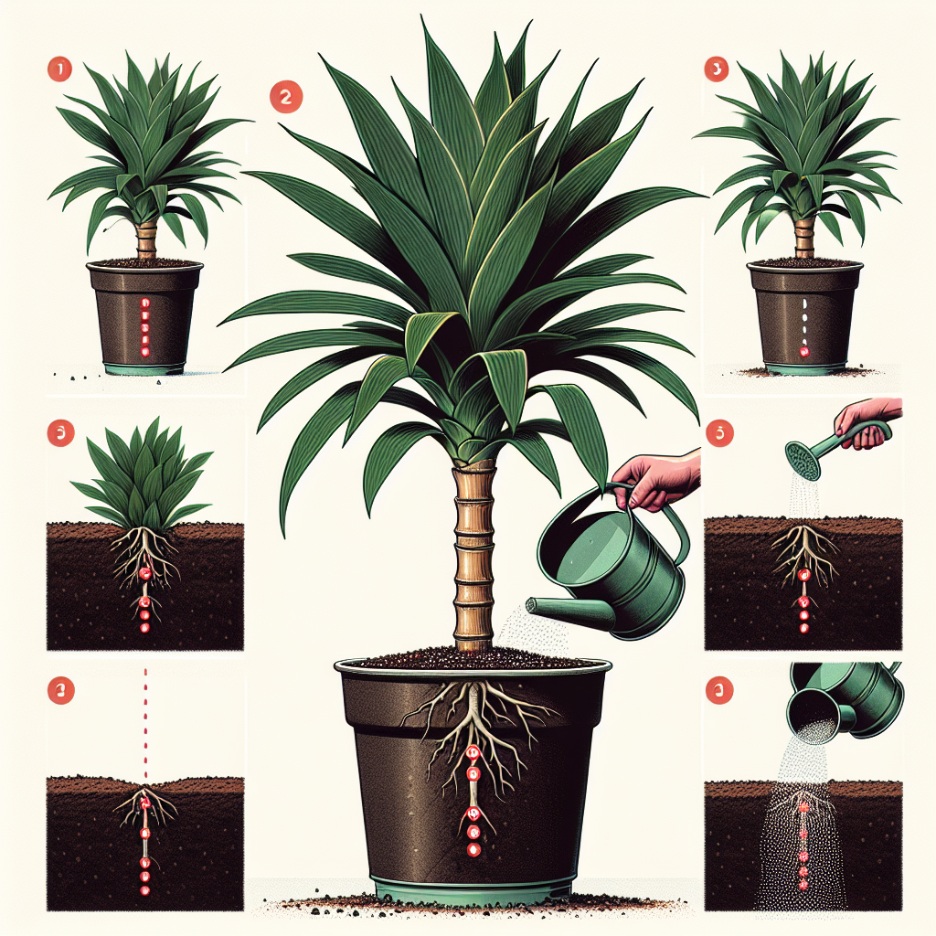 An illustrative guide appears with multiple steps on how to grow a Dracaena Lisa indoors. In the first panel, a focus on the lush, long, dark-green leaves, and sturdy brown stem of a mature Dracaena Lisa. The second panel shows a pot filled with nutrient-rich soil with small red markers indicating depth and appropriate soil quality. In the third panel, the plant is seen partially buried in the soil, its sturdy stem supporting its growth. The last panel represents proper watering techniques, where a watering can showers droplets on the plant's roots. The illustration doesn't depict any individuals or objects with brand names.