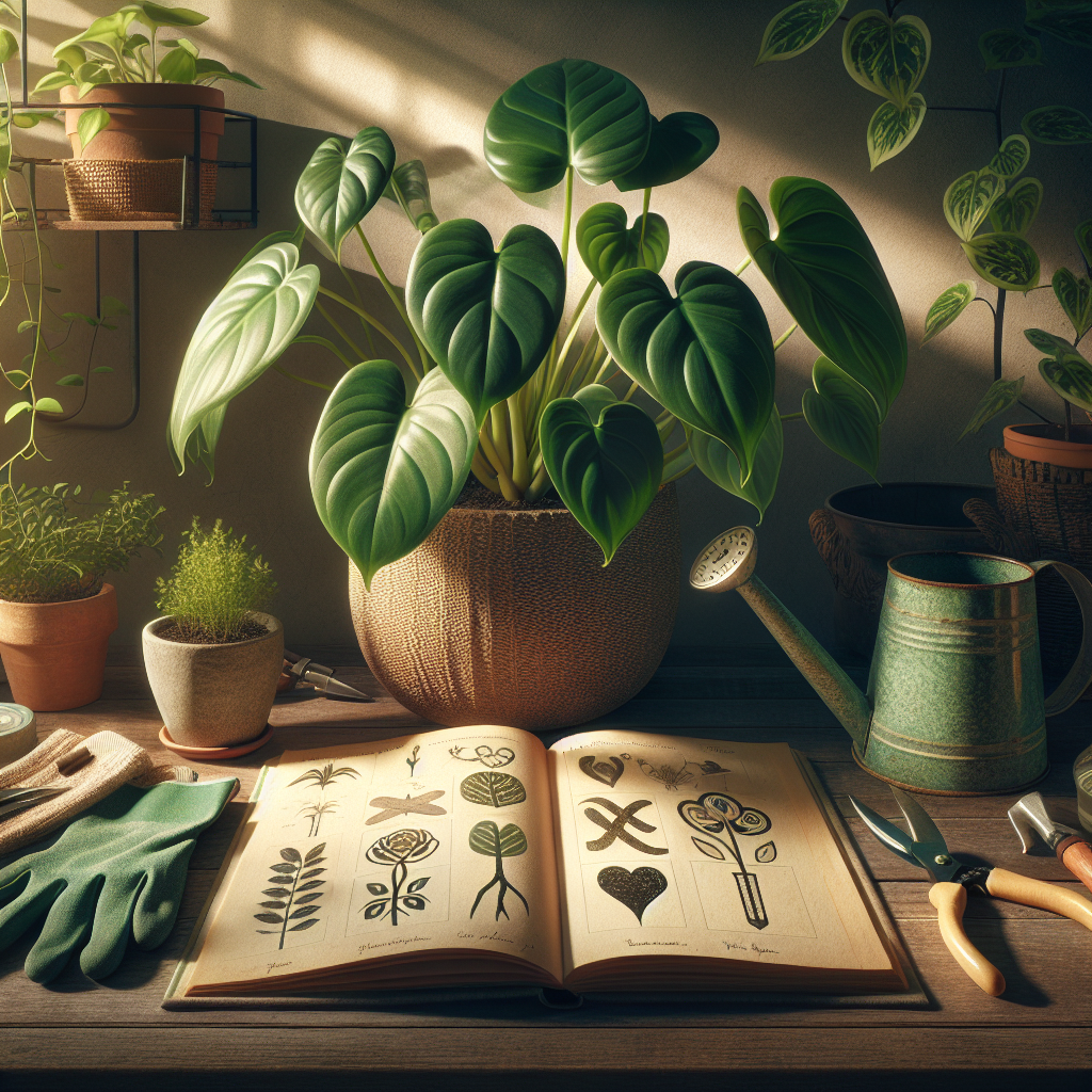 An enchanting close-up image of a lush, vibrant Heartleaf Philodendron plant with its characteristic heart-shaped leaves. Nearby, various gardening tools such as shears, gloves, and a watering can subtly suggest the concept of plant care. Additionally, visualize a small table with an open book filled with illustrations and symbols related to plant growth, but no text. Natural light filters through the scene, casting thoughtful shadows that enhance the cozy, indoor gardening mood. The settings are deliberately brand and text-free to ensure a focus on the beauty of the plant and the gardening theme.