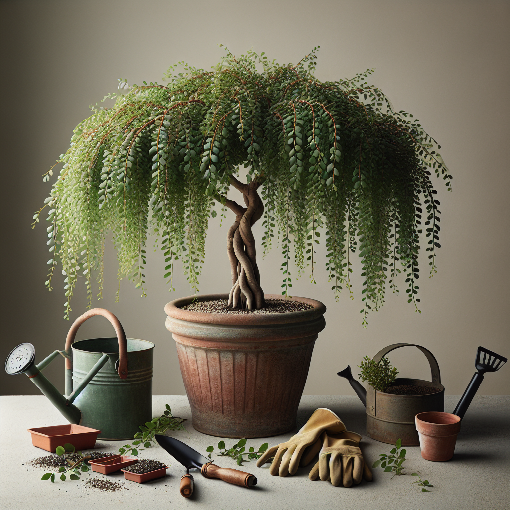A weeping fig tree cultivated indoors, surrounded by a variety of gardening tools, nested in a terracotta pot. The weeping fig tree stands at the heart of the image, growing healthily with its branches bending downward, it creates a lush, green environment. The tree's leaves have shades of light and dark green, and the pot is rustic and earthy. A pair of secured gloves, a watering can without any branding and a small trowel appear near the potted tree, indicating the process of indoor cultivation.