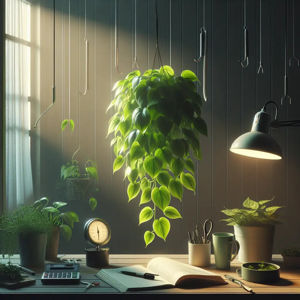 Envision a tranquil scene demonstrating the proper care for a pothos plant in a low light area. The scene holds a bright green pothos plant draping from a hanging planter in a room lit by gentle, incoming natural light. Indicator of low light is prevalent by a dusk or dawn-like ambiance. Avoid interpreting any people, text, or brands within the image. The plant looks lush and healthy, with abundant and radiant foliage that speaks to the success of managing this plant species in such conditions. Surrounding the plant are various tools like a watering can and a hygrometer, both indicating the actions carried out to ensure the plant's flourishing condition.