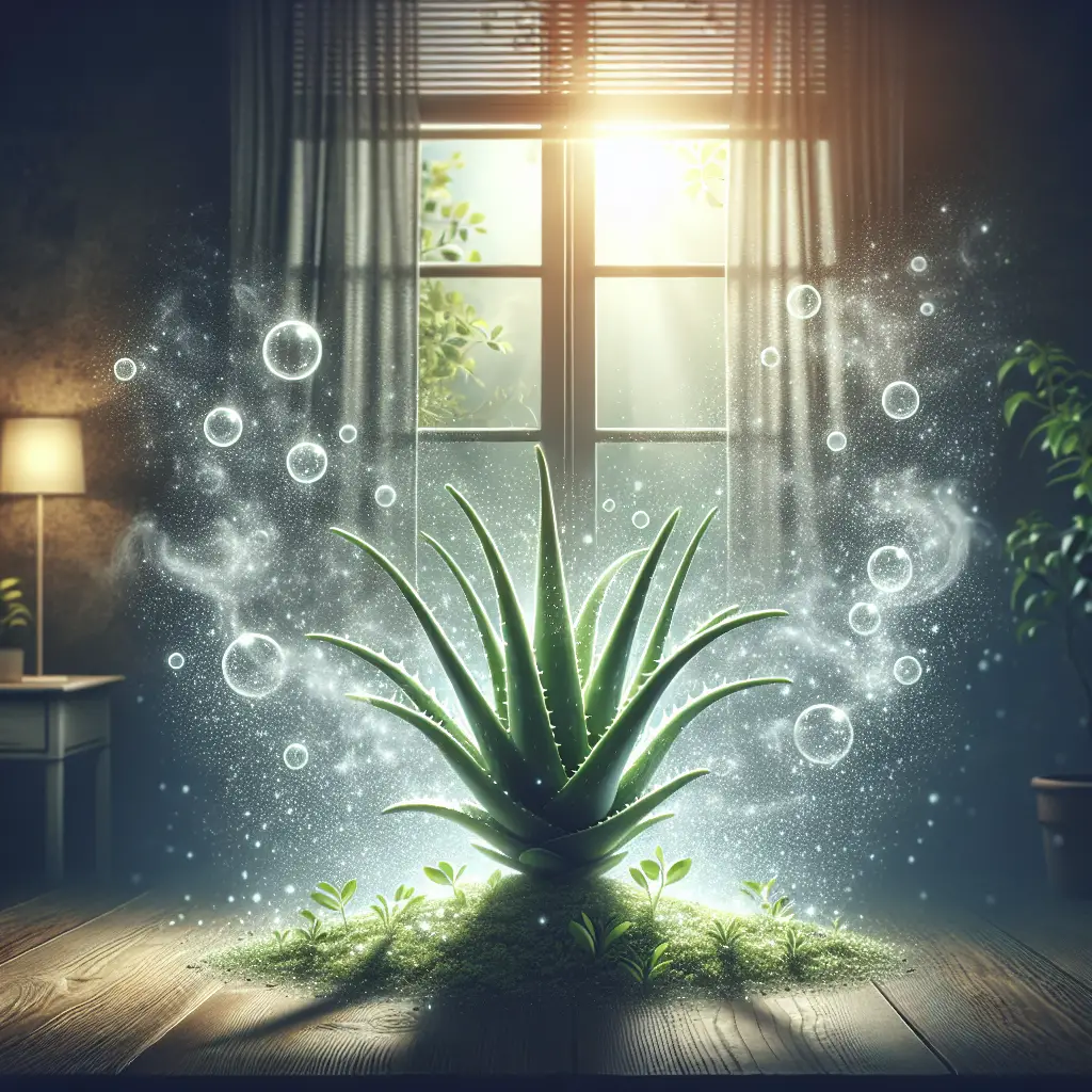 An illustration that embodies the concept of aloe vera purifying indoor air. In the middle of the scene, there is a thriving aloe vera plant sitting on an indoor table, bathed in the glow of natural light coming through a window. The window is slightly open, allowing the presence of the outdoor environment, indicating a mix of indoor and outdoor air. The aloe vera is releasing tiny, almost invisible air bubbles into the environment, symbolizing the purification process. These bubbles then transform into an ethereal, cleansing mist surrounding the plant, suggesting cleaner and fresher indoor air.