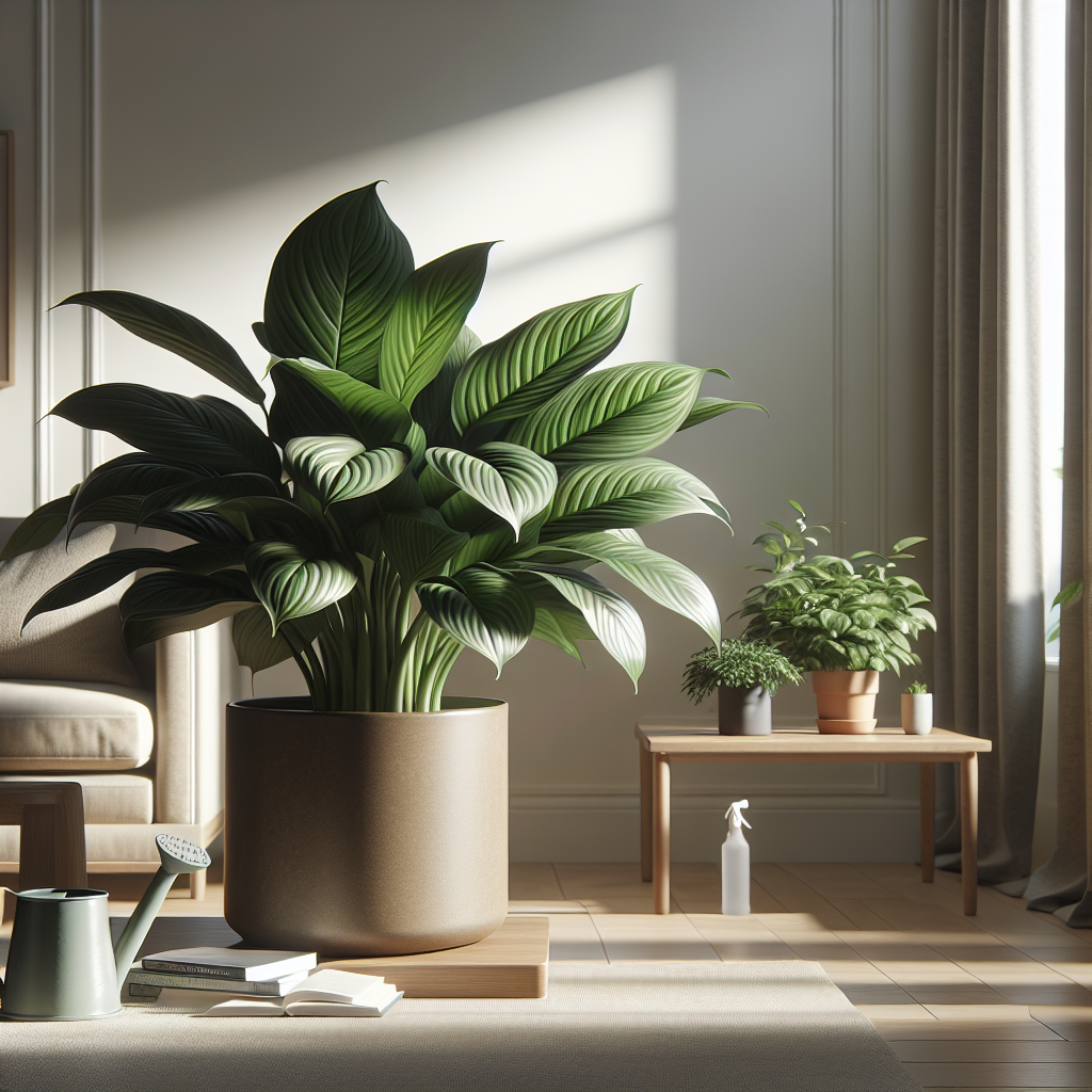 A luscious and healthy Aspidistra, also known as the cast-iron plant, prominently placed in an indoor setting. The plant has dark green leaves that shine under soft, diffused sunlight coming from a nearby window. It's planted in a generic, earth-toned pot that complements the greenery. The surrounding furniture is neutral, welcoming, and free from any branding or text. A watering can and a mist spray bottle lie nearby on the table, ready for use. No people are present in the scene. The overall scene conveys the comfort and tranquility that indoor plants bring to a home environment.