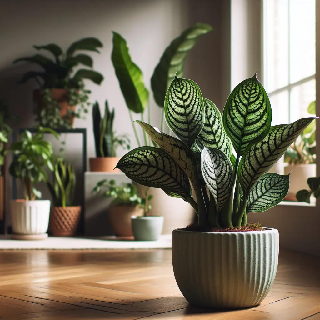 An indoor garden scene focused on a Rattlesnake Plant (Calathea Lancifolia). The plant should be flourishing with vibrant green leaves that are patterned with dark green spots, as is characteristic of the species. The plant sits in a simple, unbranded ceramic pot. The garden setting is filled with other non-descriptive, varied houseplants and natural sunlight filters through a large window. The room has wooden floors and a neutral-colored wall, creating an inviting ambiance. Please ensure that the image doesn't include any people, text, brand names, or logos.
