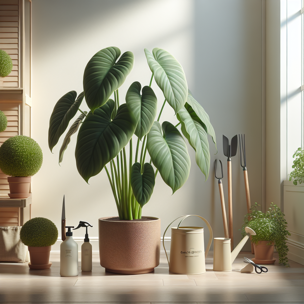 An indoor setting containing a lush, green and healthy Elephant Ear Plant. The houseplant is prominently displayed in an unbranded decorative terracotta pot. Adjacent to the plant is a collection of generic plant care tools such as a watering can, a spray bottle, and a set of pruning shears without any text or brand names on them. Soft, natural daylight streams in from a nearby window, bathing the scene in warm, inviting light. The room has no people and no detectable logos or brand names present in the scene.