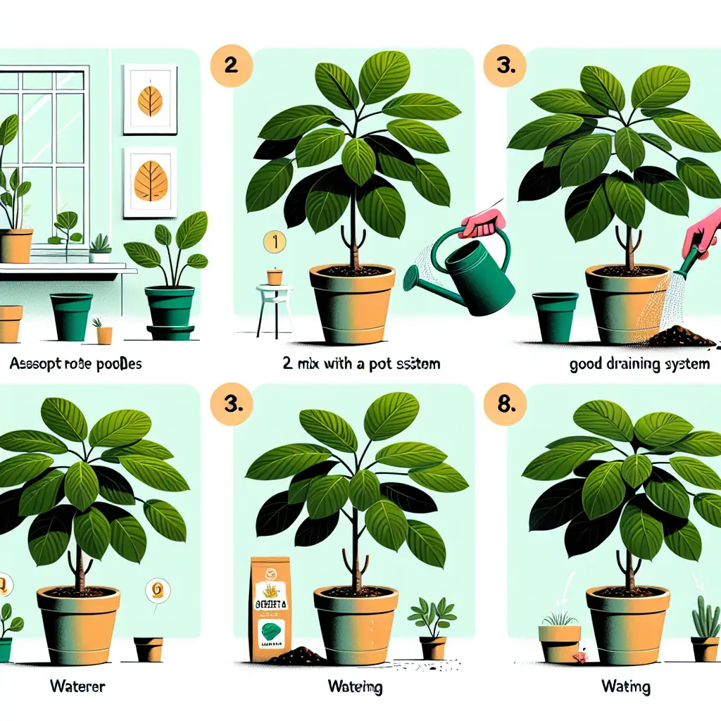 Illustrate a step-by-step process of nurturing a Schefflera Plant indoors. The first scene should show the selection of a healthy-looking plant with distinct glossy palm-like leaves. The second scene should focus on the appropriate pot size with good draining system and filled with a mix of loamy and peat compost. In the third scene, highlight the plant placed in an area with ample indirect sunlight. The fourth scene could show a watering can near the plant, representing the process of watering. Remember, absolutely no people, brand names, logos or written text should be included in this image.