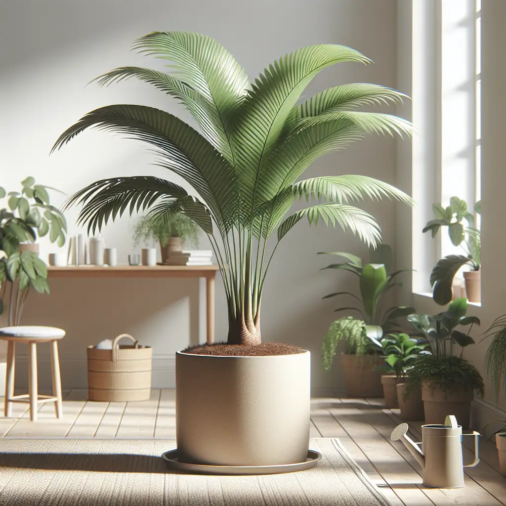 A lush, thriving Indoor Areca Palm located in a bright room with indirect sunlight. The pot is a neutral color, free of any brand logos, and the soil appears rich and healthy. Additionally, the plant is surrounded by other common houseplants, adding to the green ambiance. A watering can is present nearby, and the room also features simplistic interior design elements such as an unbranded rug and a basic table, all devoid of human presence. No text is present anywhere in the image.
