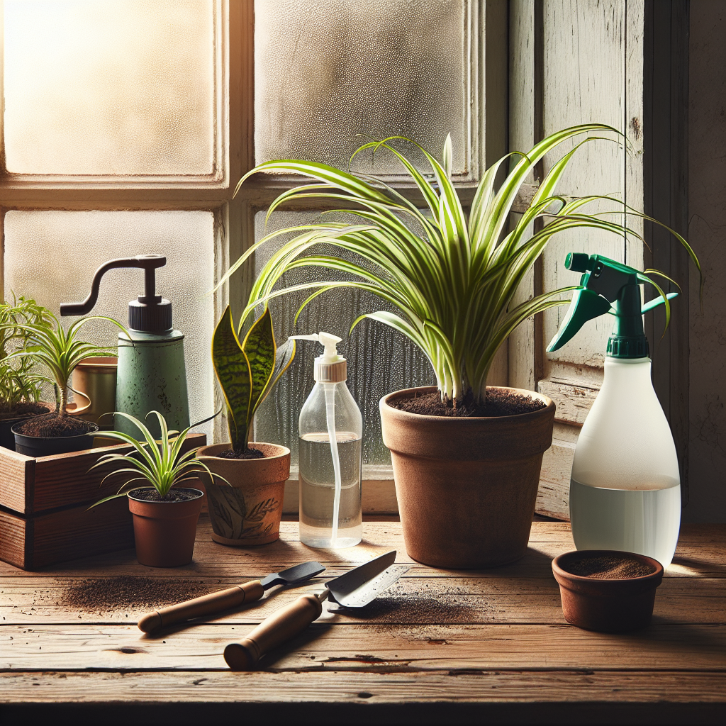 An image representing indoor cultivation of a spider plant. On the left, there's a healthy, vivid green spider plant basking in diffused sunlight on a window sill. On the right, handy essentials for care: a misting bottle, plant food, and a watering can rest on a rustic, wooden table. Without featuring any human characters, the tools and the health of the plant imply the dedication and care required. No text, brand names or logos are visible in this serene and educational scene.