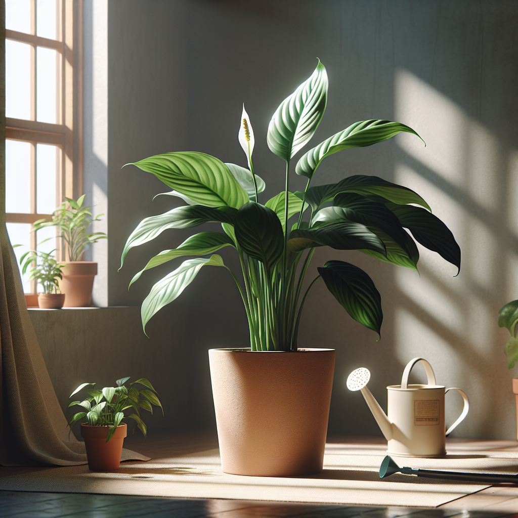 A calming and serene indoor setting focuses on a lush Peace Lily. The plant is vibrant and well-cared for, gently bathed in dappled sunlight filtering through a nearby window. The pot containing the Peace Lily is plain, without insignia or text, presumably made from terracotta. The room shows signs of carefully maintained humidity and temperature, indicating an ideal environment for houseplants. Nearby, lay a generic, unbranded watering can and mister, suggesting routine nurture and care for the plant.