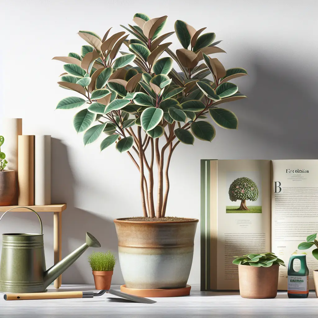 Illustrate an indoor environment with a healthy Ficus Elastica tree flourishing. It should be placed in a tasteful ceramic pot, sitting on a wooden stand against a white wall background. Additionally, the scene should include common gardening items like a watering can nearby, plus a pair of gardening gloves, an indoor gardening handbook opened to a bookmarked page on Ficus Elastica, and a bag of organic fertilizer nearby. Do not include any other text, logos or brand names in the scene.