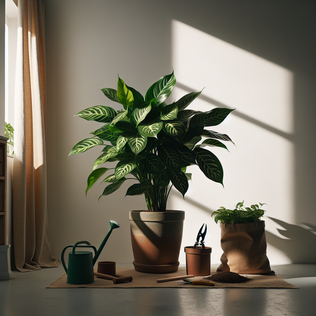 A luscious Chinese Evergreen plant sits as the centerpiece inside a minimalistic, well-lit room. The plant, exhibiting various shades of vivid green, is luxuriously thriving and well-nurtured, placed in a simple, unbranded terracotta pot. By its side are essential tools for indoor gardening: a watering can, pruning shears, and a bag of soil, all of which too, are devoid of any branding. Sunlight streams in from a window, highlighting the plant's glossy leaves. The warmth of the light against the rich, emerald tones of the plant creates an atmosphere that exudes tranquility and care.