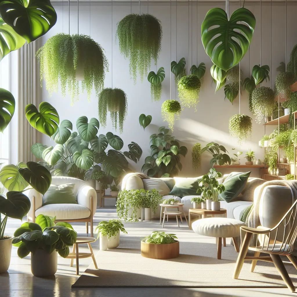 Imagine a comfortable, bright living area filled with plants, predominantly lush, vibrant green philodendrons. They are scattered across diverse spots - hanging from the ceiling, seated on shelves or placed casually on the floor, providing a refreshing contrast to the neutral toned furniture. Draw focus to the dense, heart-shaped leaves characteristic of the philodendrons, their gloss reflecting subtly. Around this verdant atmosphere, focus on the details that suggest the clean, purified air - sunlight filtering through the leaves, a soft, hazy quality to the light and the visible freshness in the room.