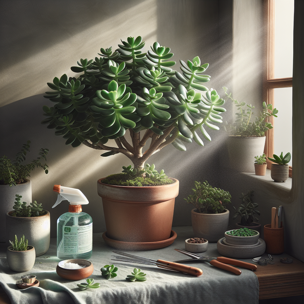 A meticulously curated indoor-grown Jade plant. The plant is lusciously green and jetting from a terracotta pot. The leaves are plump and vibrant, reflecting impeccable care. Soft, diffused sunlight from a nearby window is cascading onto the plant. There are various plant care accessories placed nearby such as a spray bottle for humidity, a set of mini gardening tools, and organic plant food. The setting is a serene and well-lit indoors with a minimalist aesthetic. The scene invokes a sense of tranquility and depicts the perfect conditions for a thriving Jade plant.