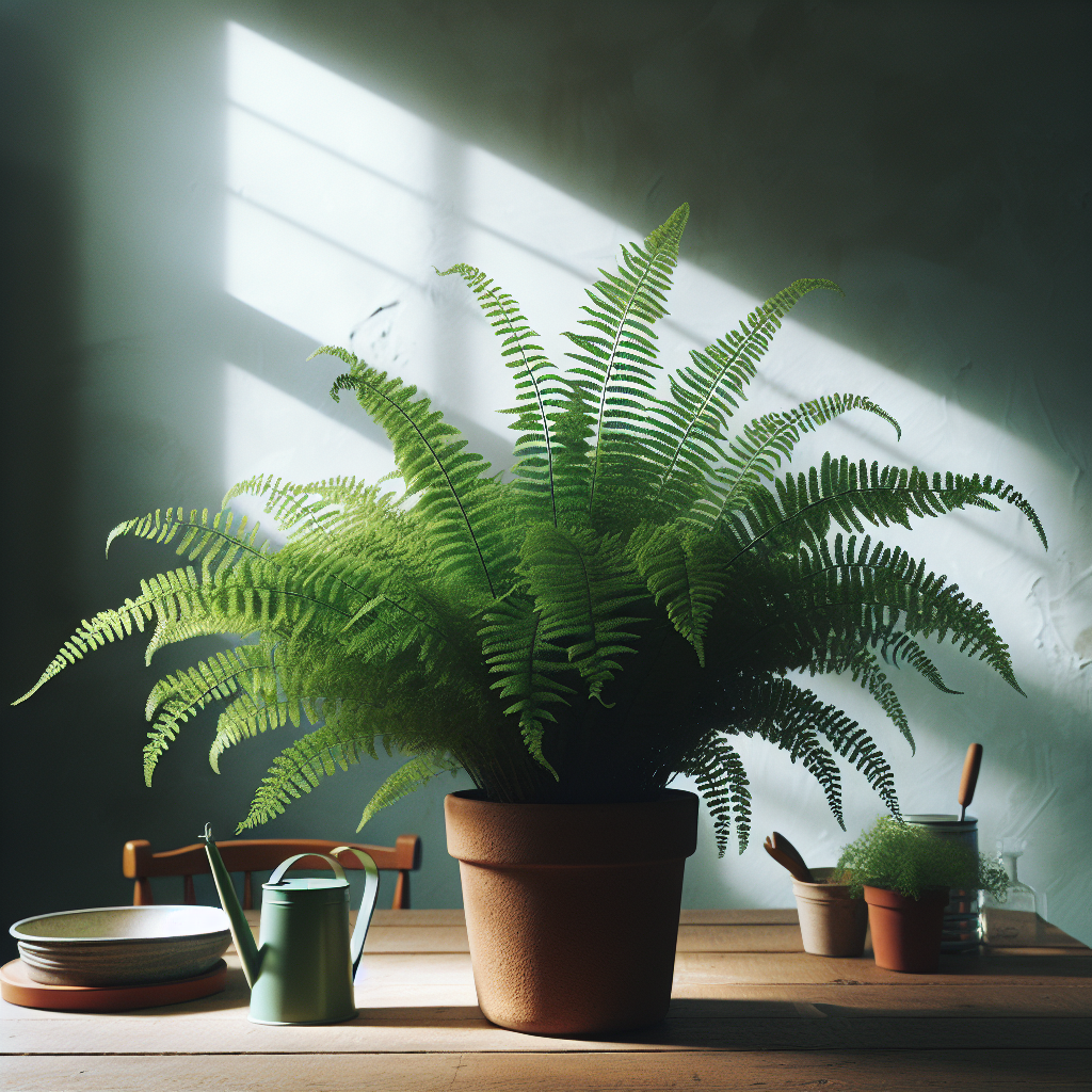 A lush and healthy Boston fern thrives indoors. Its delicate, arching fronds create a cascade of green, filling a terracotta pot placed on a bare wooden table. Sunlight trickles in from a nearby window, casting an ethereal glow on the fern. The scene is peaceful: in the background, the room, painted in a soothing neutral tone, remains free of brand logos, text, or humans. Essential tools for nurturing the fern, such as a watering can and a nutrient mix, sit nearby, suggesting the care and attention given to the plant's growth.