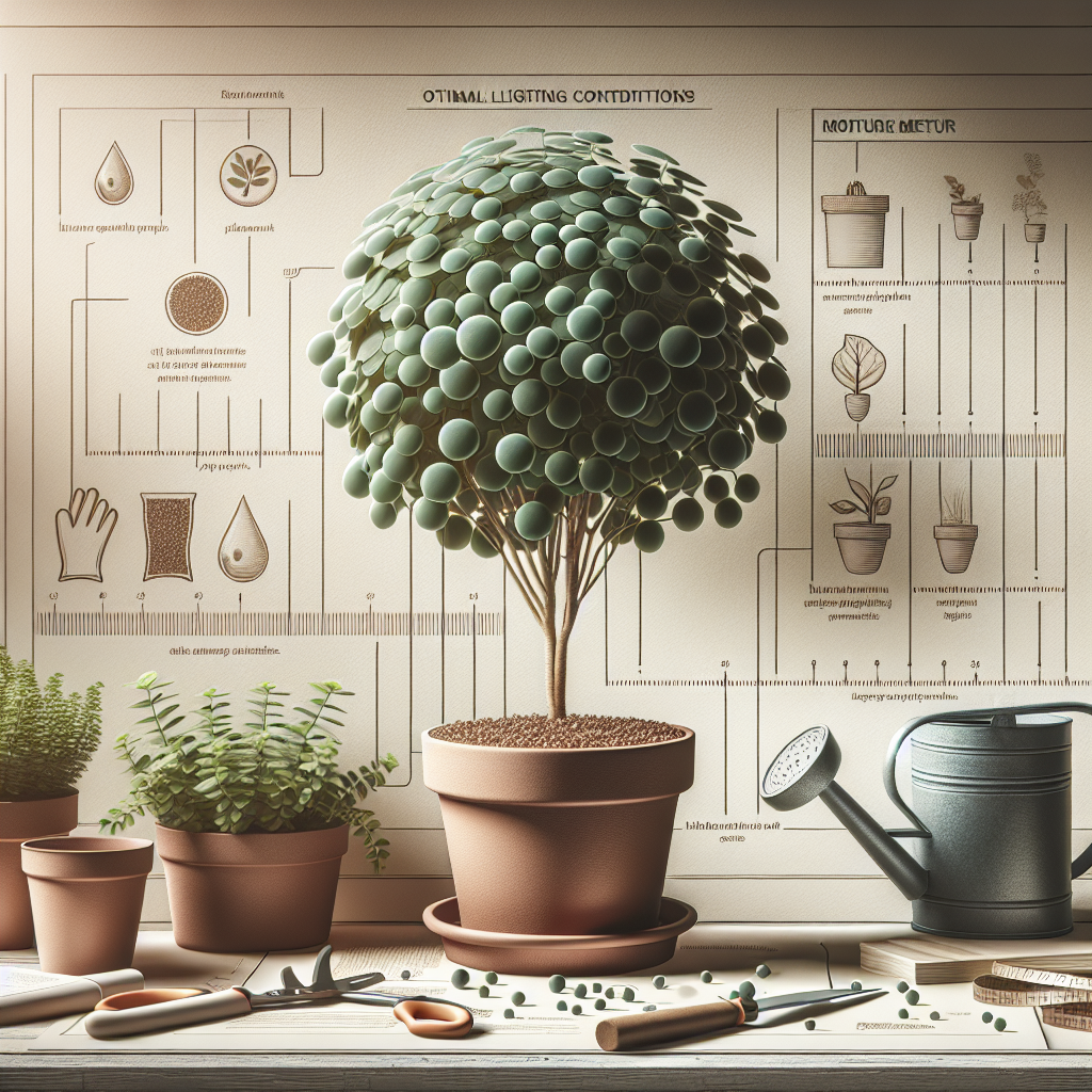 A detailed visual representation of an indoor gardening scene featuring a thriving String of Pearls plant. The plant is in a simple terra cotta pot and is positioned in a well-lit area, perhaps near a window to exemplify optimal lighting conditions. Show the sheen of its round leaves, mimicking pearls in color and shine. Also, include gardening tools like watering can, scissors, and gardening gloves placed nearby but ensure no brand names, logos, or text are visible. Hint at care instructions subtly through the environment, like a moisture meter indicating ideal soil moisture, but without overt text.