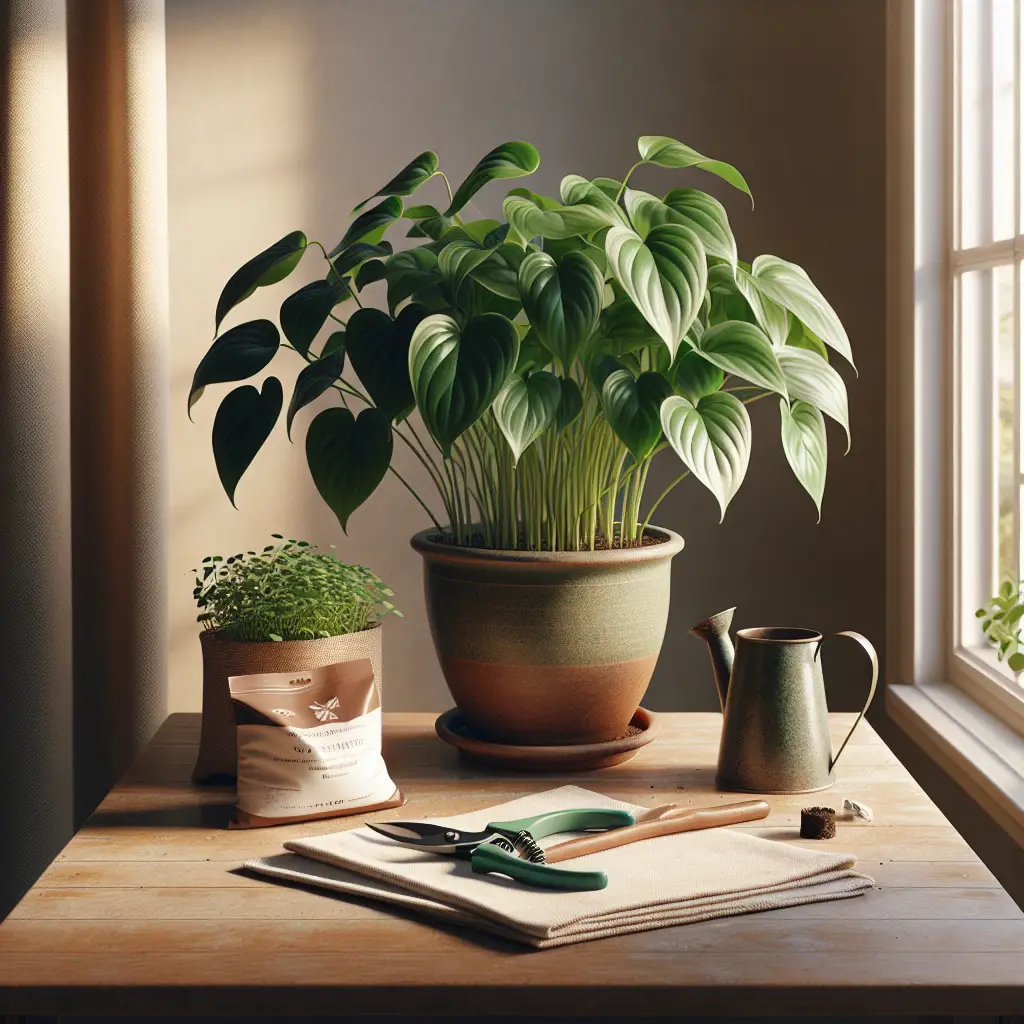 A serene and peaceful indoor scene featuring a green pothos plant thriving in a generic, unbranded earthenware pot positioned on a wooden tabletop. The plant's glossy heart-shaped leaves cascade over the pot's edge, a testament to healthy growth. Nearby, on the table, some essential tools needed for plant care are displayed. These include a watering can, a pair of sharp pruning shears, and small bags of generic potting soil and fertilizer. The table stands beside a large window, the drawing back curtains letting in ample sunlight which bathes the plant and the tools in a warm glow.