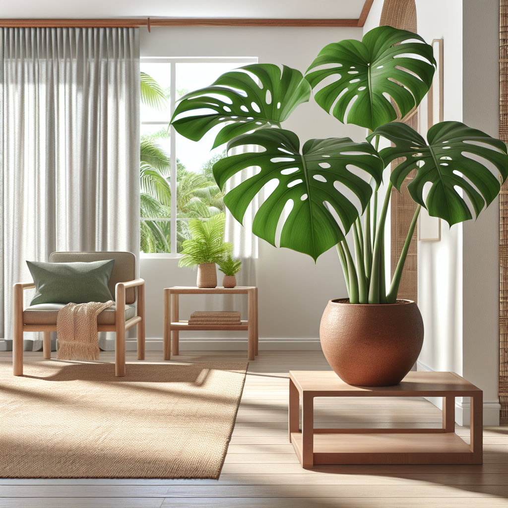 An illustration of a mature, healthy Monstera Deliciosa plant indoors against a backdrop of modern housing interior. The plant should be prominently displayed in an elegant, unbranded terracotta pot sitting on a minimalist wooden stand. The leaves are luxuriant and vibrant green, with distinctive splits and holes that characterize the Monstera. The room has hints of tropical aesthetic such as bamboo furniture and woven jute rugs, but is void of any human presence. Tropical sunlight filters through airy curtains, casting striking leaf patterns on the bright, clean walls.