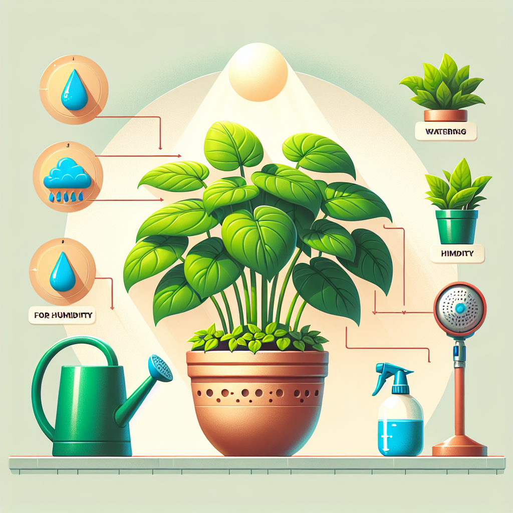 An educational image showing the basic steps in taking care of a Swiss Cheese Plant. The image presents a scenic view of a lush vibrant Swiss cheese plant placed in a ceramic pot with no branding. A watering can and mister for humidity suggesting necessary care measures, along with a bright sunlight from a nearby window to suggest proper lighting conditions, all without the presence of any human entities.