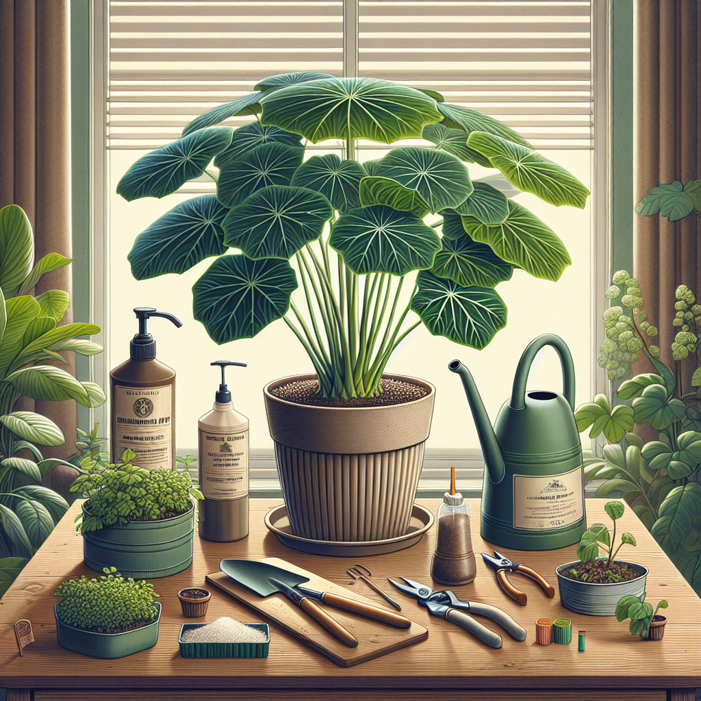 A detailed visual guide on taking care of an indoor umbrella plant, focusing on its healthy growth. The image presents the plant in a neutral colored pot, displaying luscious green leaves. Beside it, various gardening tools such as a small shovel for soil, a watering can, and organic plant food. Display a pair of pruning shears and a spray bottle for misting the plant. The setting is indoors with a large window in the background allowing for natural light, a wooden table hosts the plant and tools, indicating the ideal conditions needed for the growth of this particular indoor plant.
