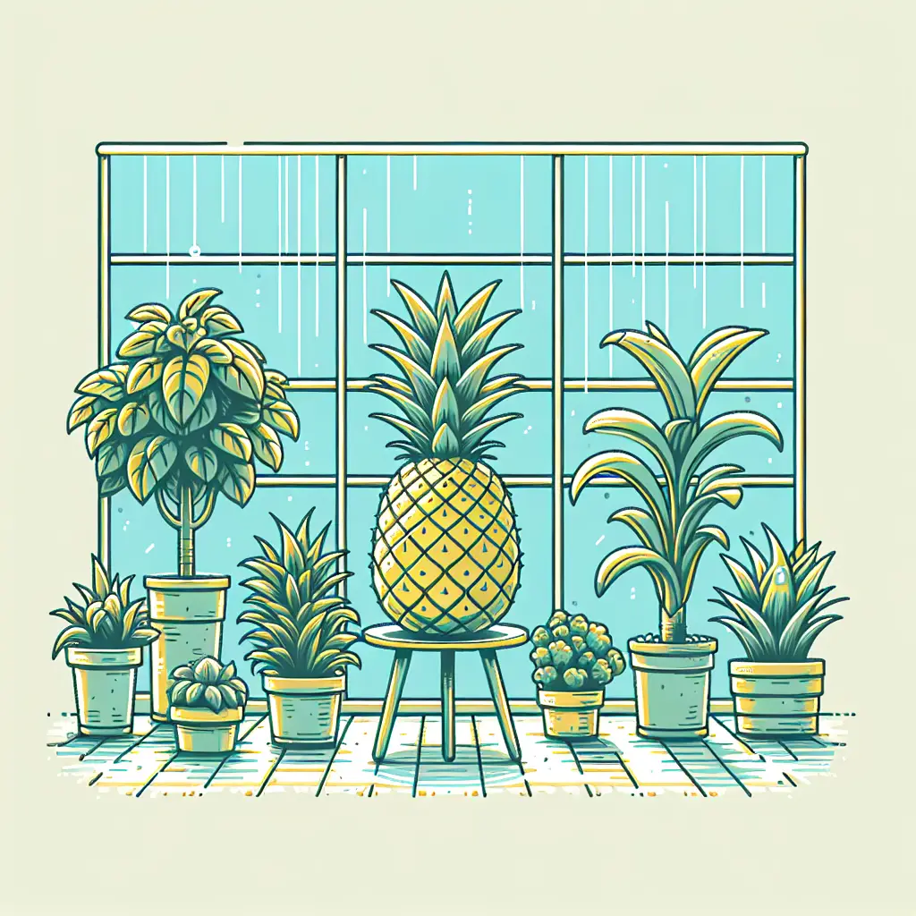Create an illustration of an indoor environment showcasing a pineapple plant. The pineapple plant should stand out prominently amidst common indoor potted plants. Do not include any text or brands in the image. The scene should convey the well-being and growth of the pineapple plant well nurtured indoor.