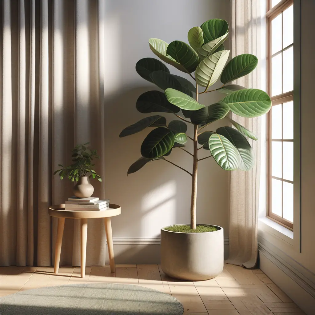 An indoor scenic setup featuring a verdant Rubber Fig plant situated in a nondescript ceramic pot. It is placed next to a window, partially letting in warm sunlight. The plant, with its lush leaves, stands as the centerpiece, with healthy, shiny broad leaves that range in hues of deep green. The rest of the room is mostly minimalist, with a neutral palette utilized, consisting of a light-colored rug, a minimalist circular wooden side table, and a nondescript white wall as a background. No people are present. The scene exudes a sense of tranquility and simple beauty.