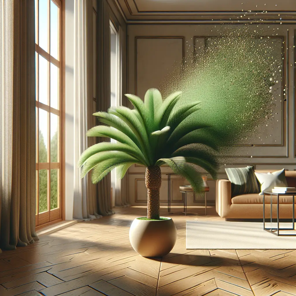 An artistic representation of an indoor setting with a dwarf date palm. The palm tree is presented as the focal point, placed within a ceramic flower pot on an elegant wooden floor nearby an open window. Sunlight streams from the window, producing a warm hue throughout the space. In the background, decorate your scene with a few generic, unbranded furniture items like a plain, cozy fabric sofa and a simple wooden coffee table. Show floating particles being attracted towards the vibrant green leaves of the palm tree, symbolizing the air purification quality.