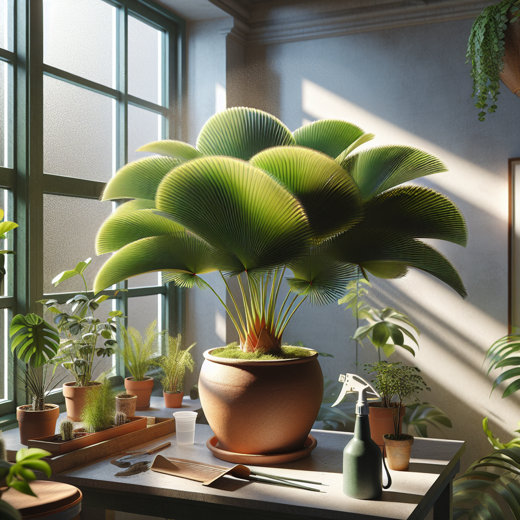An indoor setting featuring a healthy Chinese Fan Palm plant in a terracotta pot. The palm showcases lush, fan-shaped leaves, green in colour with hints of yellow at their edges indicative of the right care. Sunlight subtly streams in from a window in the background providing the plant with the perfect amount of light. Around the palm plant are other small indoor plants, creating a mini indoor jungle ambiance. A water mist spray bottle and a small shovel sit nearby the pot, suggesting the care and maintenance activities involved in growing palms indoors. No people, branding, or text are present in the image.