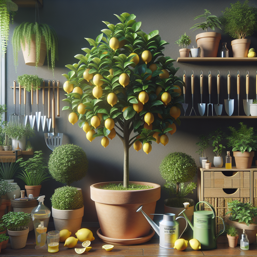An indoor garden scene showcasing a healthy lemon tree grown in a terra cotta pot. The tree has lush, glossy leaves and is bearing bright yellow lemons. To the side of the tree are various generic gardening tools like watering cans and pruning shears, and a generic bottle labelled 'plant food'. Around the room, other indoor plants create a cozy green ambiance. Everything is all natural, with no hint of text, brand names, logos, or human figures.
