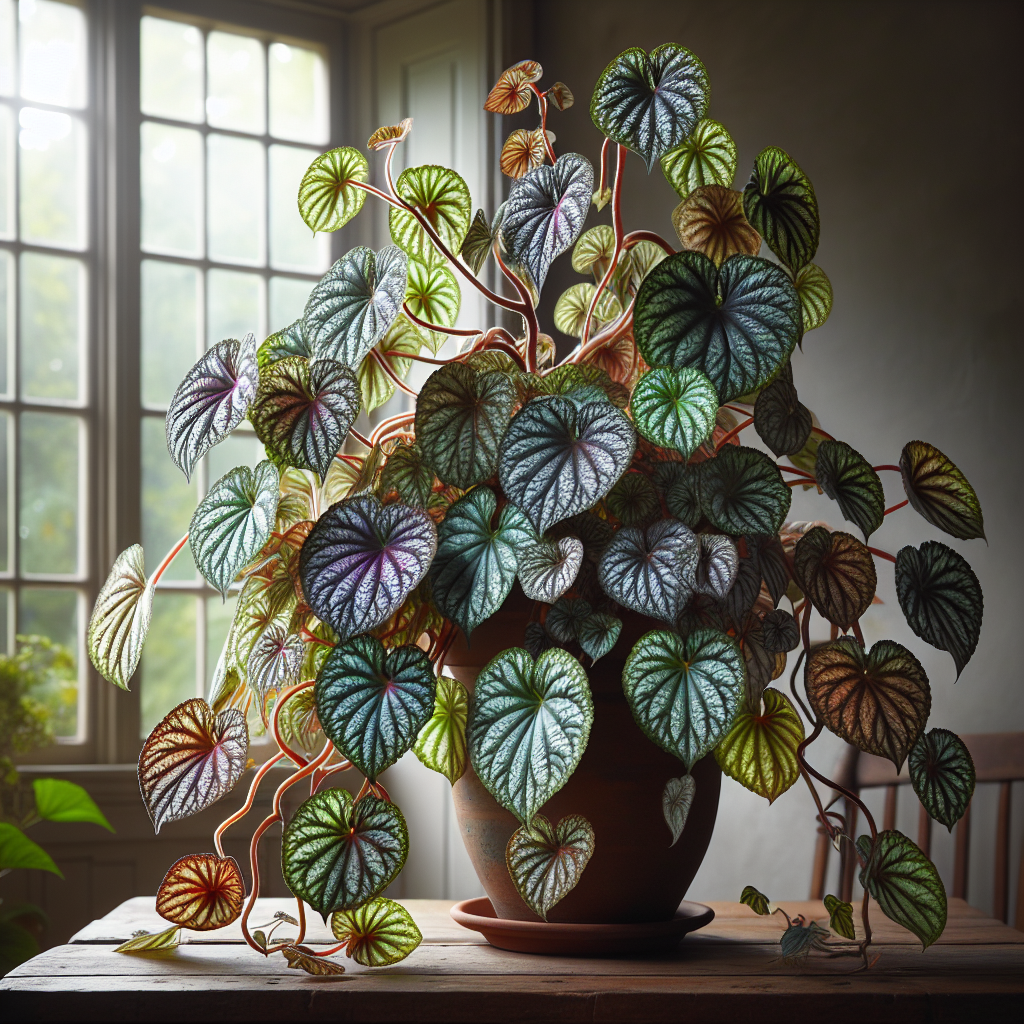 An exquisite Rex Begonia Vine displaying vibrant and varied foliage, trailing elegantly from a terracotta pot placed on a wooden table. Abundant leaves are adorned with gorgeous patterns, shimmering with hues of green, silver, and purple. The indoor environment around the plant is pleasantly lit with diffused sunlight from a large windowsill, encouraging the growth of the exotic vine. The surrounding is simple and clean, devoid of any human elements, text, or brand logos. The plant embodies the vitality and beauty of indoor gardening.