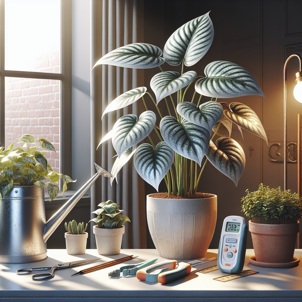 An aesthetically pleasing and accurate representation of Silver Sword Philodendron plant thriving indoors. The scene includes a well-taken-care Philodendron plant, its shimmering silver leaves catching rays of natural light from a nearby window. Tools such as a rust-free watering can, a handheld temperature/humidity meter, and sterile pruning shears are neatly arranged on a near table, suggesting indoor plant care habits. A designed pot accommodates the Philodendron, underlining the personal taste and passion for indoor gardening. The image possesses an inviting ambiance with no particular brand names, logos and people within the scene.