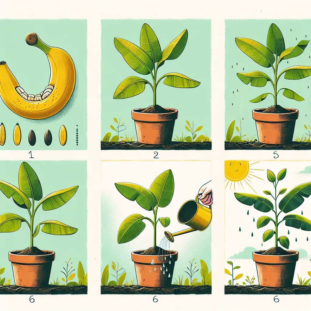 An illustration presenting a step-by-step guide on growing and caring for indoor banana plants. The first panel showcases a ripe banana with seeds, ready for germination. The second panel displays a small terracotta pot with fertile soil where the banana seeds are gently embedded. The third illustrates a young banana plant sprouting vibrant green leaves. The fourth demonstrates an indoor setting where the banana plant is placed, ensuring sufficient sunlight and warmth. The fifth demonstrates the plant being watered judiciously with a watering can. Finally, the sixth panel shows a mature banana plant flourishing with beautiful, verdant leaves indoors.