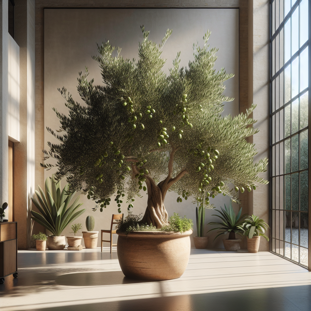 A large indoor scene dominated by a carefully nurtured olive tree in a clay pot. The tree is lush and green, with olives just beginning to ripen on its branches. The tree is placed beside a tall window, streaming in a generous amount of sunlight, reflecting upon its glossy leaves. In the background, there's a neutral-colored wall, providing an uncluttered background to the tree, highlighting its vibrance. Various other non-descript indoor plants are scattered around the room adding to the greeneries. The overall impression is peaceful and natural.