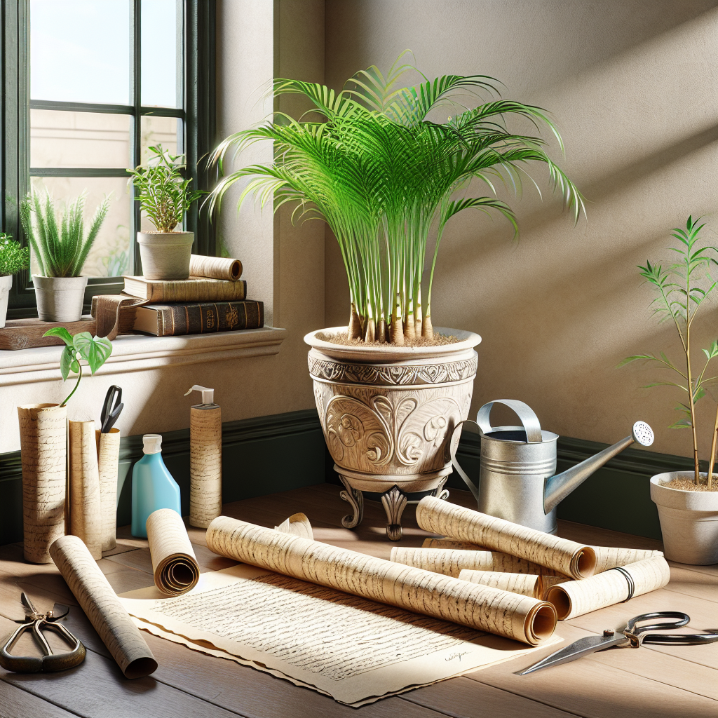 Scrolls of papyrus paper scattered around a healthy papyrus plant in an ornate pot placed near a sunny window. Nearby, a watering can and a bottle of plant food are placed. On the sill, there are plant care tools such as pruning shears and a moisture meter. The setting is an indoor room, featuring wooden floors and neutral-toned walls. The vibrant green of the plant stands out against the serene backdrop.