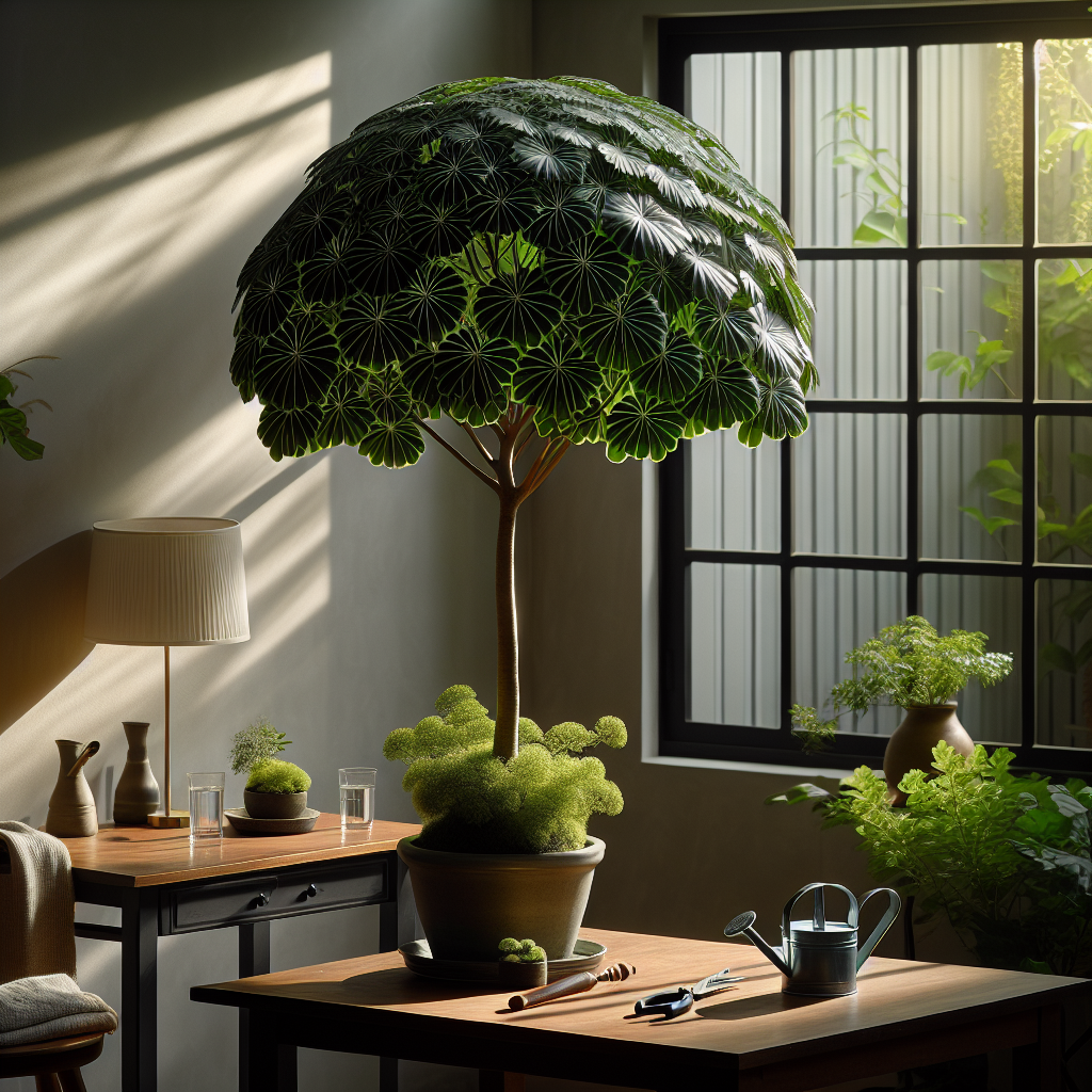 An indoor setting featuring a thriving Dwarf Umbrella Tree. The tree sports a multitude of glossy, dark-green leaves artistically splayed out like an umbrella. Sunlight filters in through an open window, casting a warm glow over the plant and the surrounding home environment. Nearby, a table displays a watering can and a pair of small pruning shears, ready to assist in the tree's careful nurturing. The overall atmosphere of the picture reflects a calm and serene indoor gardening space, free from human presence and branding elements.