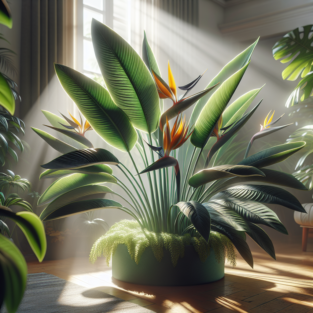 An image showcasing a healthy indoor Bird of Paradise plant. This lush, green plant spreads its large, flat leaves into a beautifully aesthetic fan shape. Among the foliage, a few unique flowers are visible, their orange and deep purple hues contrasting brilliantly against the backdrop of green. Rays of soft, filtered sunlight shine down onto the plant, highlighting the intricate leaf patterns and the surrounding ambiance of a well-kept indoor living space. No people, brand names, or text are present in the image, ensuring the focus remains purely on the vibrant Bird of Paradise plant.