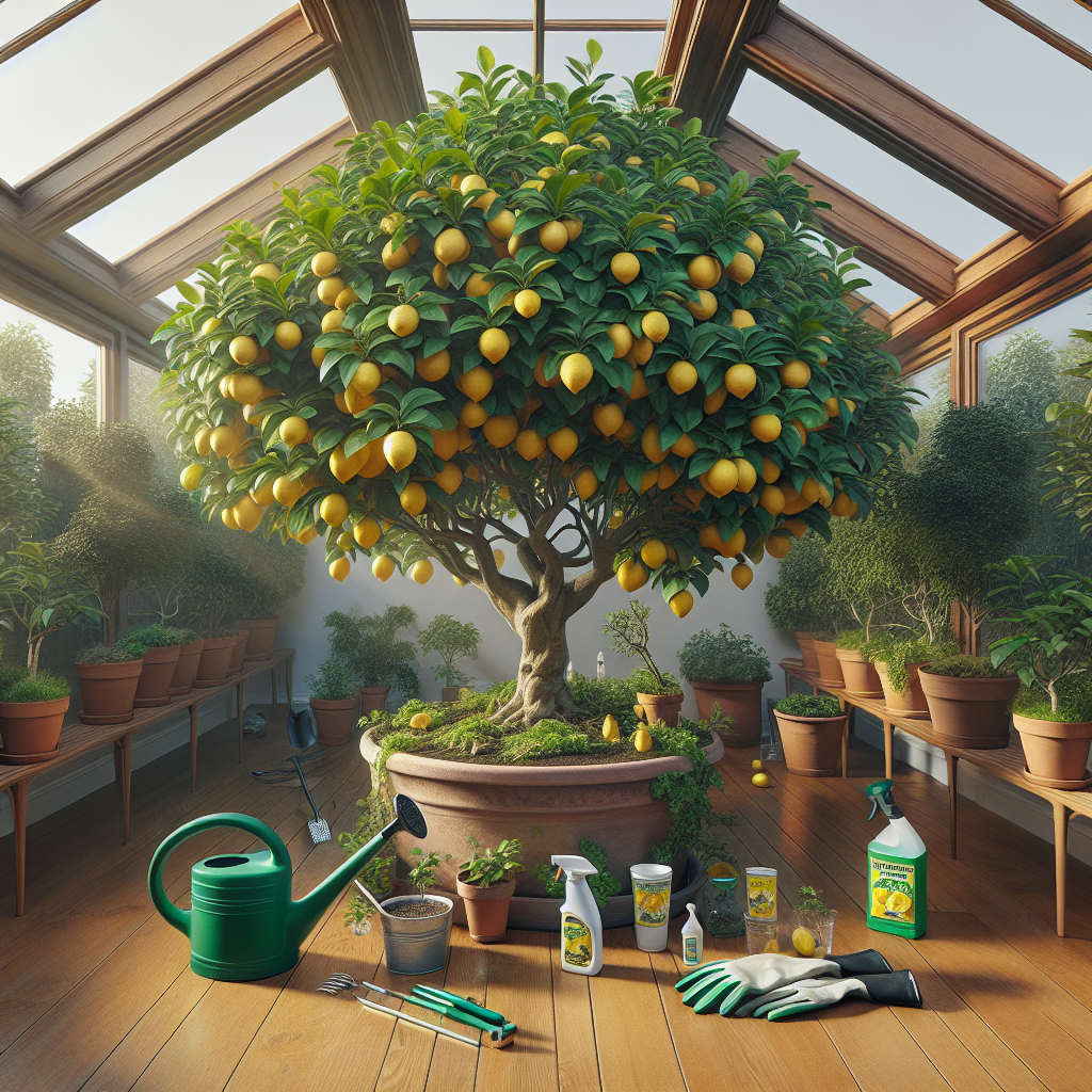 An elaborate indoor setup portraying the careful cultivation of a Meyer lemon tree. The tree is lush and full of vibrant green leaves, spotted with the cheerful yellow of ripening lemons. Nearby on the hardwood floor, a watering can, a bottle of all-purpose plant food, and a pair of gardening gloves are neatly arranged, indicative of frequent care and attention. Overhead, a skylight casts a gentle stream of natural light onto the flourishing tree, highlighting the indoor care environment. Noticeably, there are no people or text in the image.