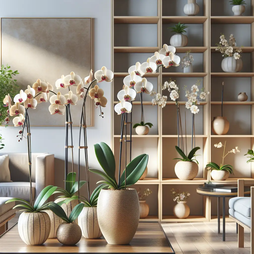 An elegant indoor scene featuring several blooming Moth Orchids, known for their air purifying properties, situated in decorative, unbranded pots. The plants are variously staged on trendy shelving and on a contemporary table, letting their broad, vibrant petals and slender stems showcase their beauty. Without any people present, the focus remains solely on the Orchids. Soft natural lighting emphasizes the polished wood of the furniture and gives the room a serene, peaceful atmosphere. There are no text, brand logos, or distinct product designs visible in this scene.