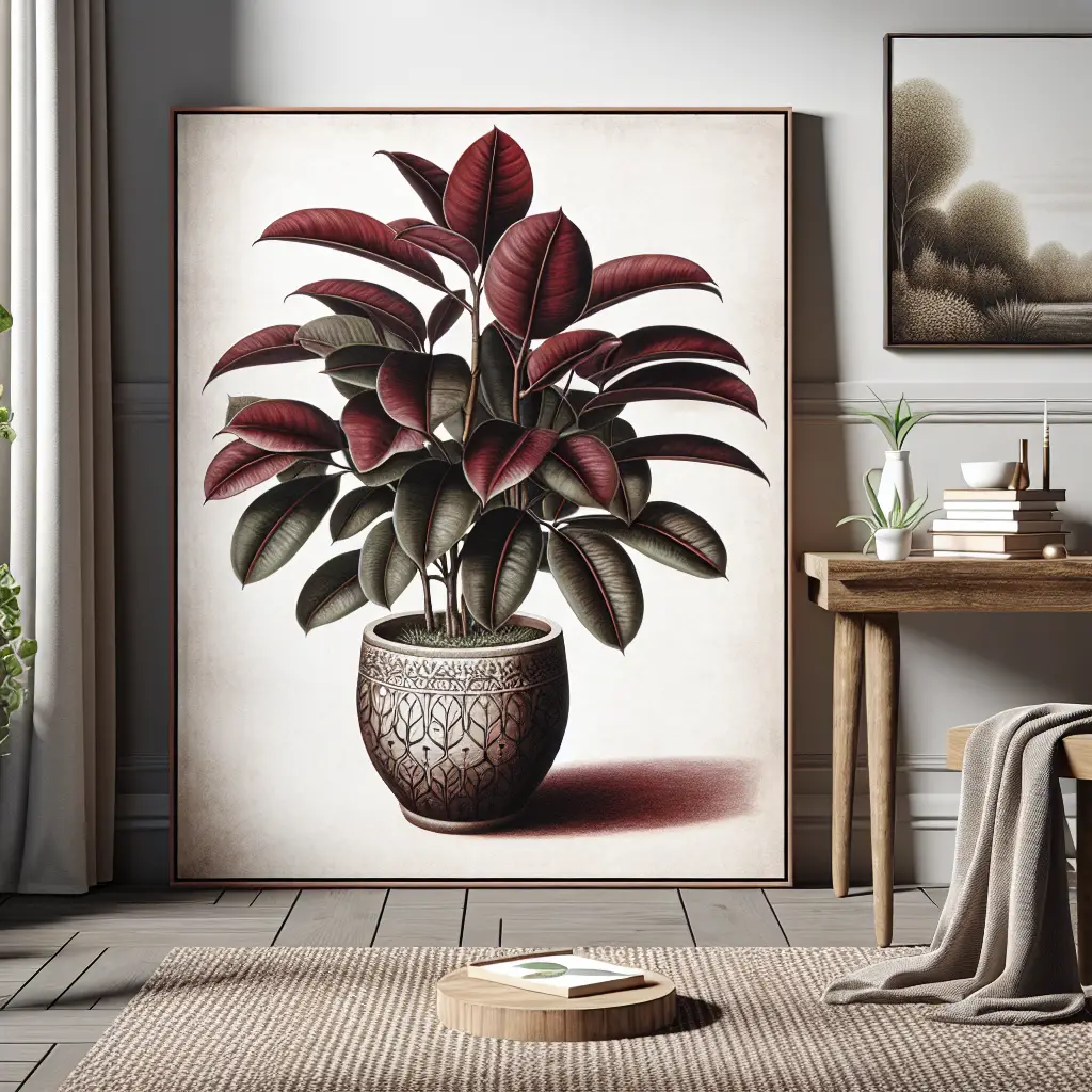 A detailed depiction of a luxuriant Rubber Plant 'Burgundy', thriving in a home environment. The plant features dark crimson foliage, contrasting beautifully with its bright surroundings. It's placed in an unbranded, artistically designed clay pot that carries a rustic charm. The plant sits near a well-lit window showing up a subtle outdoor scene. Room elements emphasize a cozy, homey atmosphere, such as a plush, unbranded rug, a simple wooden table, and tastefully chosen decorations without text or logos.