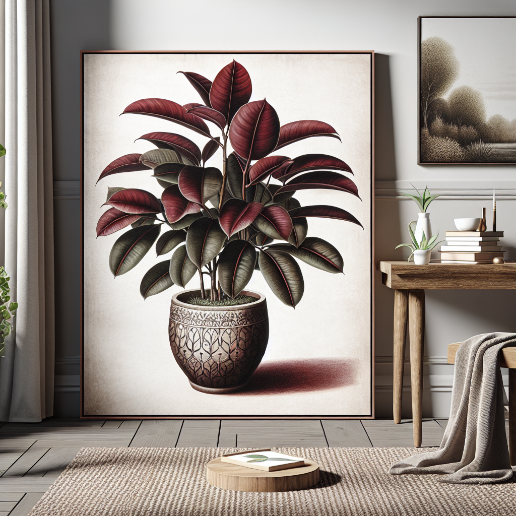 A detailed depiction of a luxuriant Rubber Plant 'Burgundy', thriving in a home environment. The plant features dark crimson foliage, contrasting beautifully with its bright surroundings. It's placed in an unbranded, artistically designed clay pot that carries a rustic charm. The plant sits near a well-lit window showing up a subtle outdoor scene. Room elements emphasize a cozy, homey atmosphere, such as a plush, unbranded rug, a simple wooden table, and tastefully chosen decorations without text or logos.