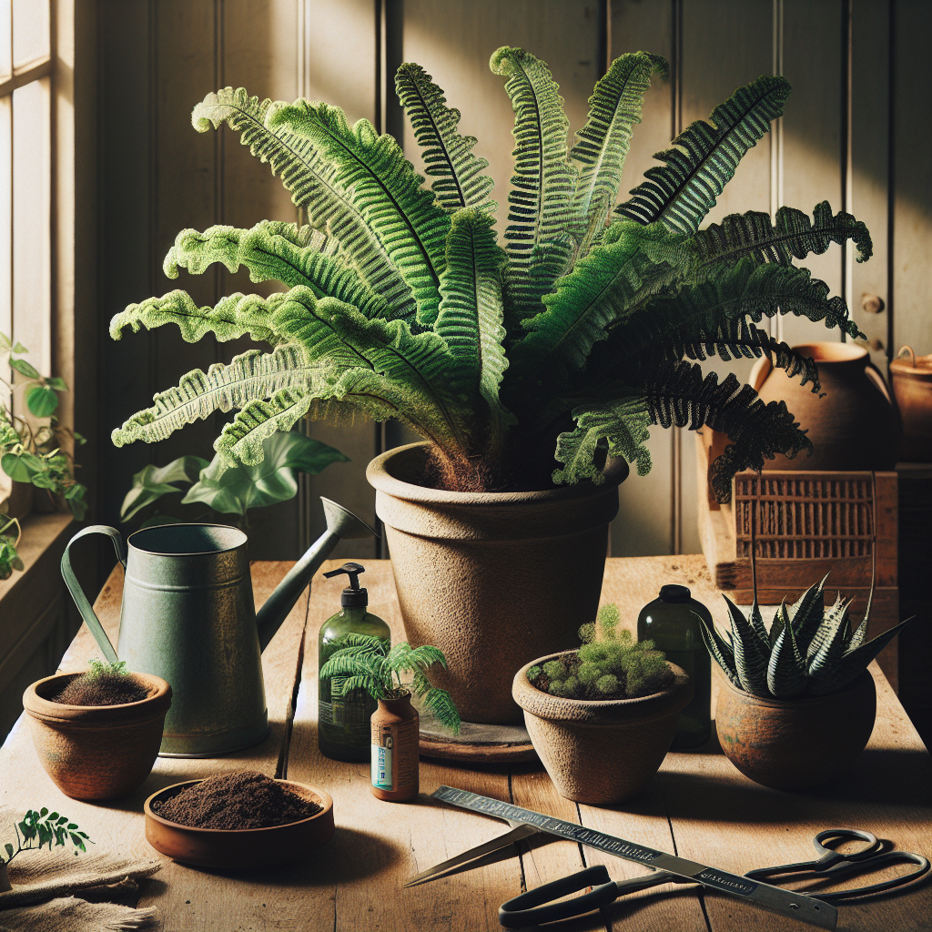 An indoor setting intensified by the radiant natural green hues of a Crocodile Fern plant. This particular fern is known for its fascinating rough textured, arching fronds that display a unique pattern, similar to crocodile skin. The fern is housed in a subtle, unbranded terracotta pot, placed on a wooden table. Around the fern, essentials of plant care are scattered: a watering can, a moisture meter, a bag of organic soil, and scissors made of steel for pruning. Warm sunlight filters in through a large window casting a soft glow on the fern and its accessories, enhancing the cozy and serene ambiance.