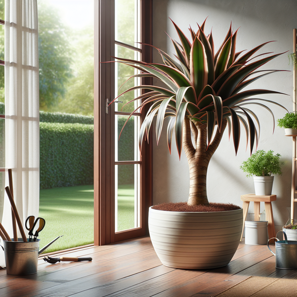 A healthy, flourishing Madagascar Dragon Tree (Dracaena marginata) enjoying the comforts of an indoor setting. The tree is placed in a clean, simple ceramic pot that sits on a wooden floor, its arching, narrow leaves with reddish edges reaching out in all directions. The room is well lit, with natural light filtering in through large windows that reveal a garden outside, providing an appropriate contrast emphasizing the indoor cultivation. Various tools for indoor gardening, like a watering can, pruners, and indoor plant soil, are neatly arranged nearby, indicating the care given to maintain the plant's health.