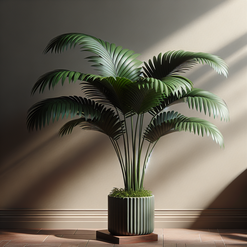 A serene indoor setting featuring an elegant Lady Palm (Rhapis excelsa). The plant is healthy with abundant, glossy, dark green leaves, and its intricate leaf structure is accentuated by gentle indoor sunlight. The plant pot is simple yet stylish, enhancing the overall aesthetic without diverting the attention away from the beautiful plant. No people, text, brand names or logos are present in the image. The scene subtly communicates the beauty and tranquility of indoor gardening, and the care required to maintain such elegant greenery.