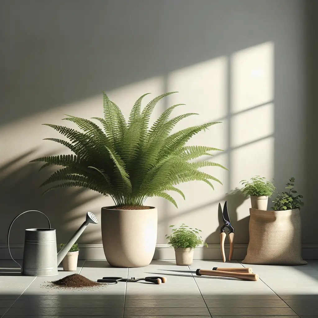 An indoor scene showcasing a healthy, lush Kimberly Queen Fern. It should be placed in a plain, ceramic pot of neutral color, located near a window with soft, diffused sunlight peeking through. Various gardening tools such as watering can, pruning shears, and a bag of soil should be displayed nearby, subtly suggesting the care required for the plant without showing any text or brand logos. The background should be a plain wall, providing a minimalistic and clean aesthetic.