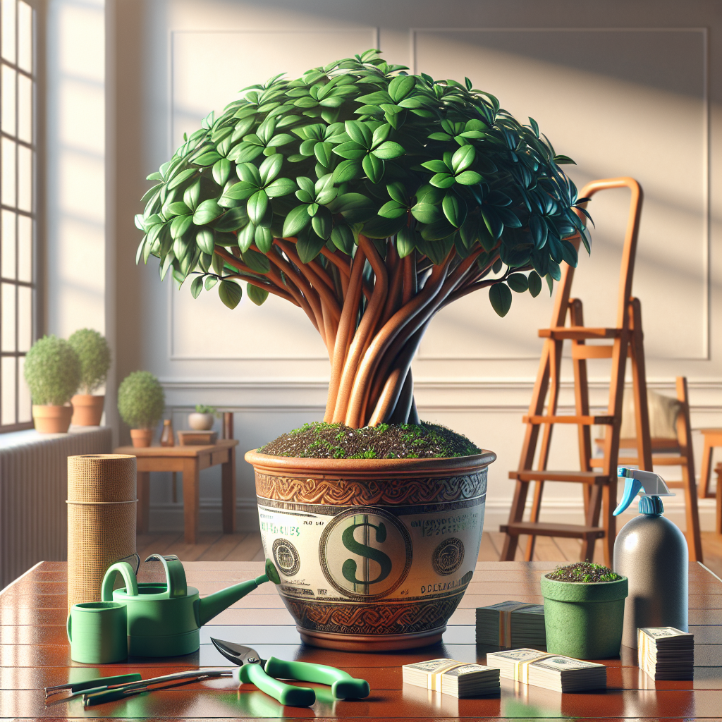 A bright and warm indoor scene. Center focus is placed on a lush, green, braided money tree located on a glossy wooden table. The money tree has well-nourished branches with vibrant leaves. The pot is beautifully decorated, preferably terracotta with intricate details but without logo or brand names. Beside the tree, there are a few indoor gardening tools: a watering can, shears, high-quality soil, and a spray bottle that emits a fine mist. A step ladder stands nearby, demonstrating the height of the money tree. The background illustrates a room with ample sunlight, devoid of people. Minimal, tasteful home decor is scattered throughout the image.