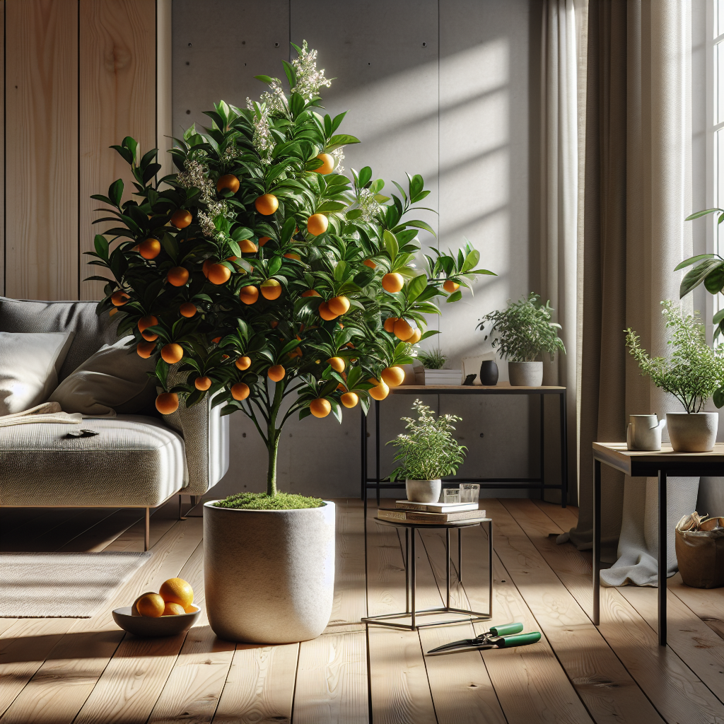 An elegantly potted Calamondin orange tree thriving inside a modern living room. The room is bathed in natural light seeping in from a large window. The tree is lush with shiny leaves, dotted with small clusters of bright orange fruits and delicate white blossoms. The tree is placed on a wooden floor near a minimalist, cozy, couch. Nearby on a coffee table are a pair of gardening shears, a watering can, and a small bag of soil, suggestive of the care needed to foster its growth. The setting is peaceful and illuminates the possibility of indoor gardening.