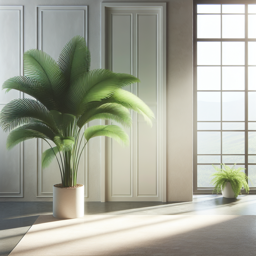 An interior setting with a healthy and flourishing Fishtail Palm placed next to a window with subtle sunlight beaming in. The palm has layers of vibrant green leaves that teem with life. The room exudes an atmosphere of tranquility and care, portrayed through the neat arrangement of the space and its minimalistic, modern decor devoid of any brand signs or logos. The room has no human presence but bears signs of careful tending via a small watering can and plant nutrients near the plant.