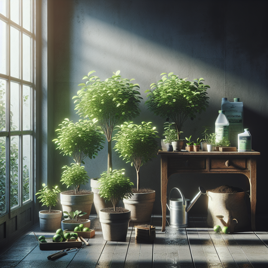 The image is of an indoor environment with vibrant green indoor lime trees thriving in ceramic pots. Light filters through a nearby window, casting a serene glow over the scene. The trees stand adjacent to a vintage wooden table, on which rest essential tools for indoor gardening such as soil mix, lime-friendly fertilizers, and a watering can. There are no brand names, logos, or humans in this peaceful and educational scene.