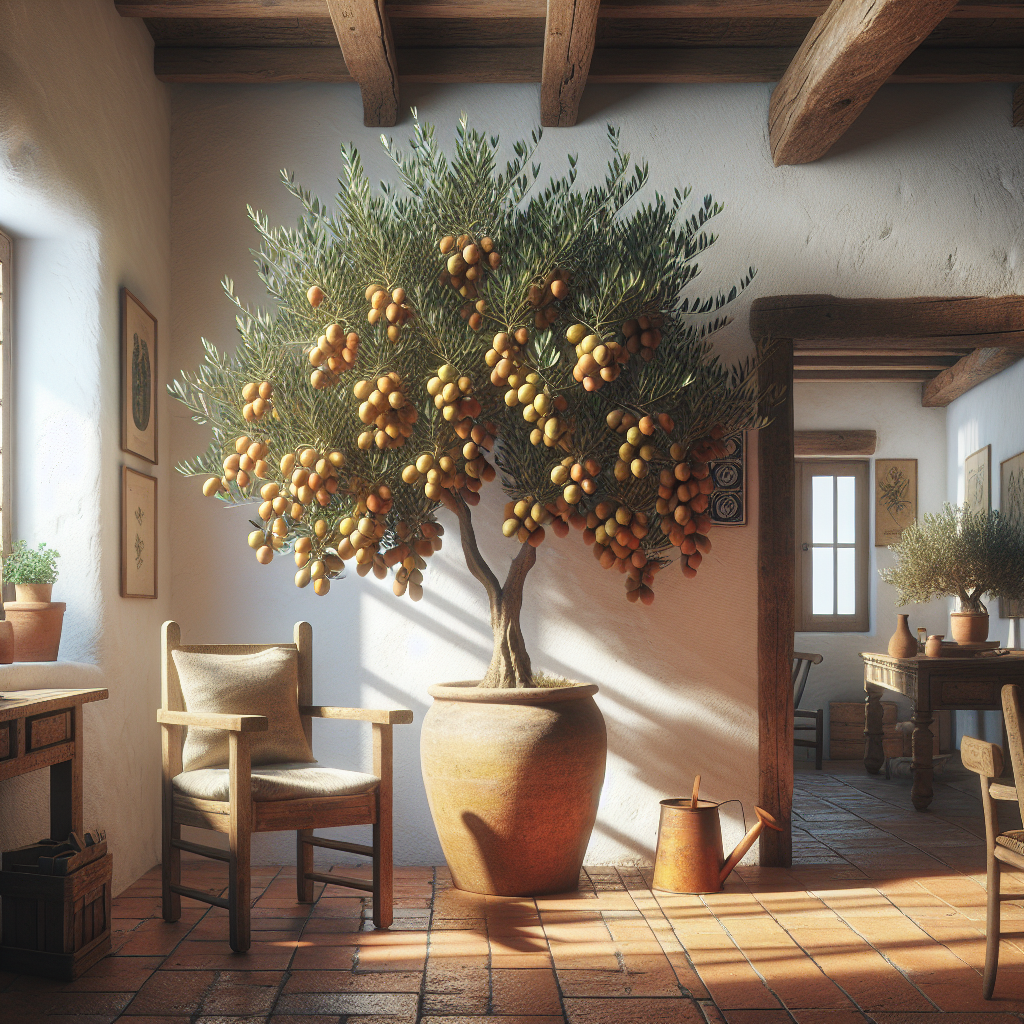 An indoor European olive tree taking center stage. The tree stands tall with an abundance of round, often small fruits hanging from its branches. Its leaves are a rich dark green color. A typical Mediterranean-style room setting complements the tree. The room has whitewashed walls, terracotta tile flooring, and rustic wooden furniture. On the table next to the olive tree, there's a terracotta pot with a small watering can. The sunlight streaming through a nearby window provides a warm and welcoming atmosphere. There are zero people, text, brand names, or logos present in the room.